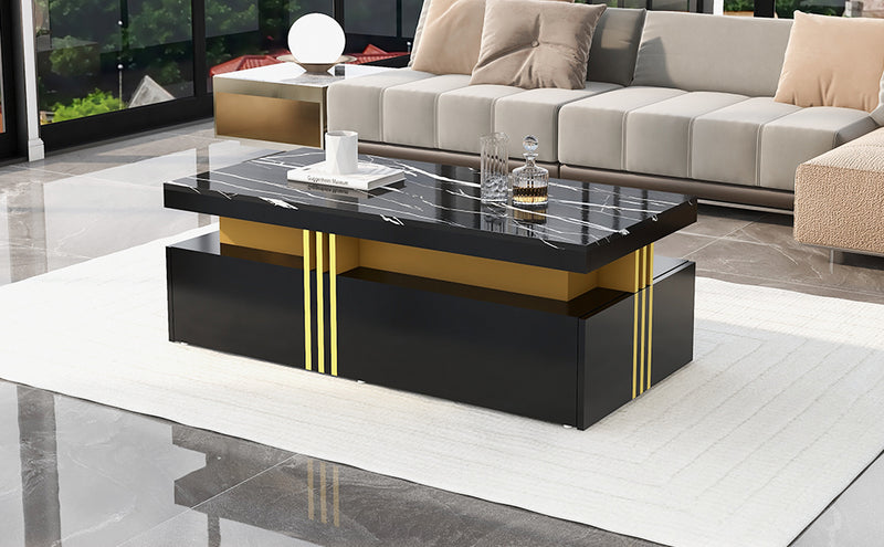 Table basse rectangulaire effet marbre noir brillant avec 2 tiroirs 100*50*40 cm GEVREITS BLACK