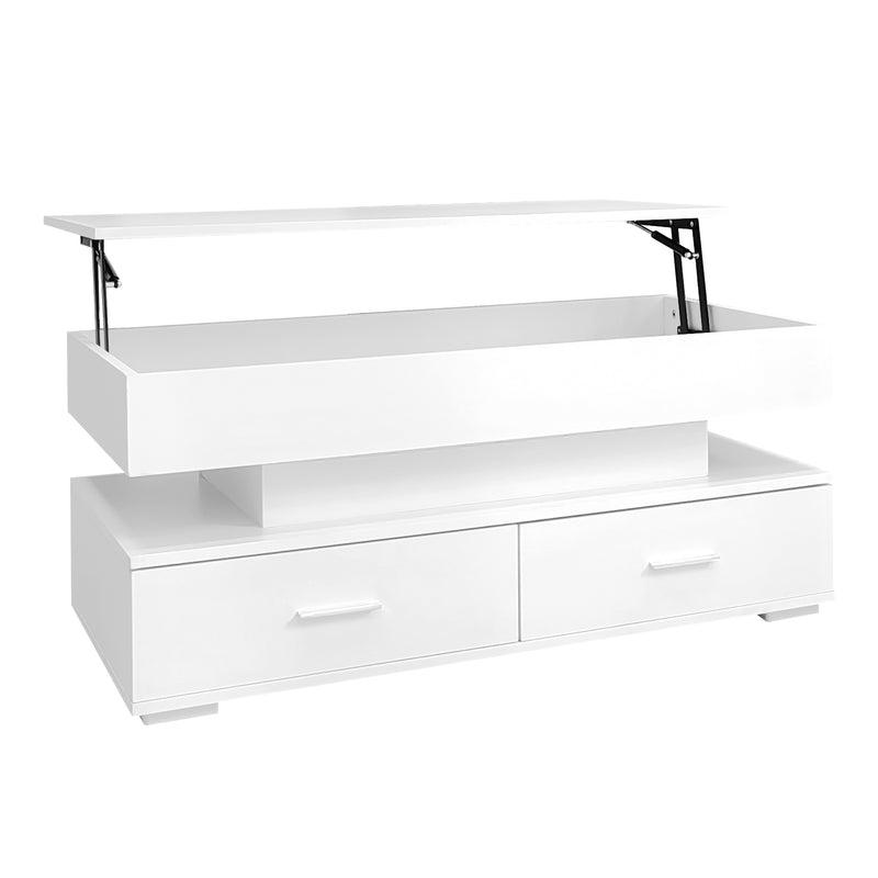 Table basse blanche plateau relevable à hauteur réglable 2 tiroirs et espace de rangement ouvert avec éclairage LED 100*50*44 cm ZAKS WHITE