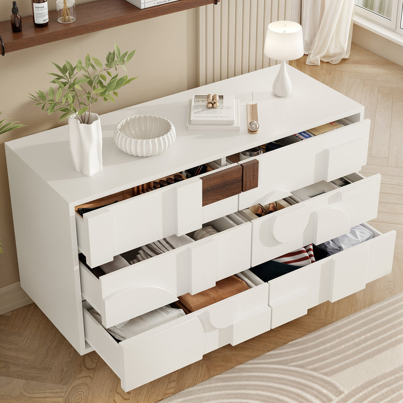 Buffet blanc effet bois façade géométrique en relief 6 tiroirs, porte push-to-pop UMPHU