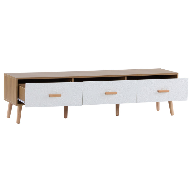 Meuble TV effet bois clair 3 tiroirs et porte blanc avec motif texturé 150x35x39cm ORKUDS