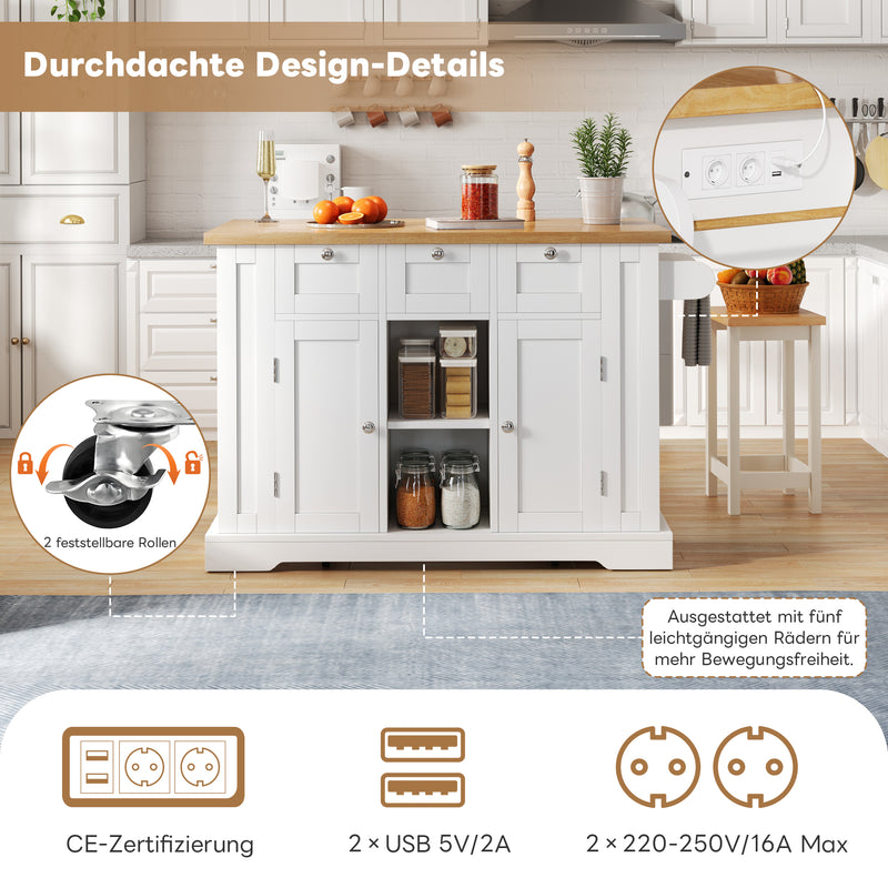 Îlot de cuisine blanc et effet bois avec plateau extensible, rangement et ports USB AMYLOPECT