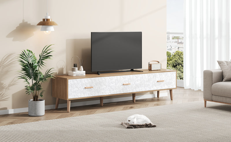 Meuble TV effet bois clair 3 tiroirs et porte blanc avec motif texturé 150x35x39cm ORKUDS