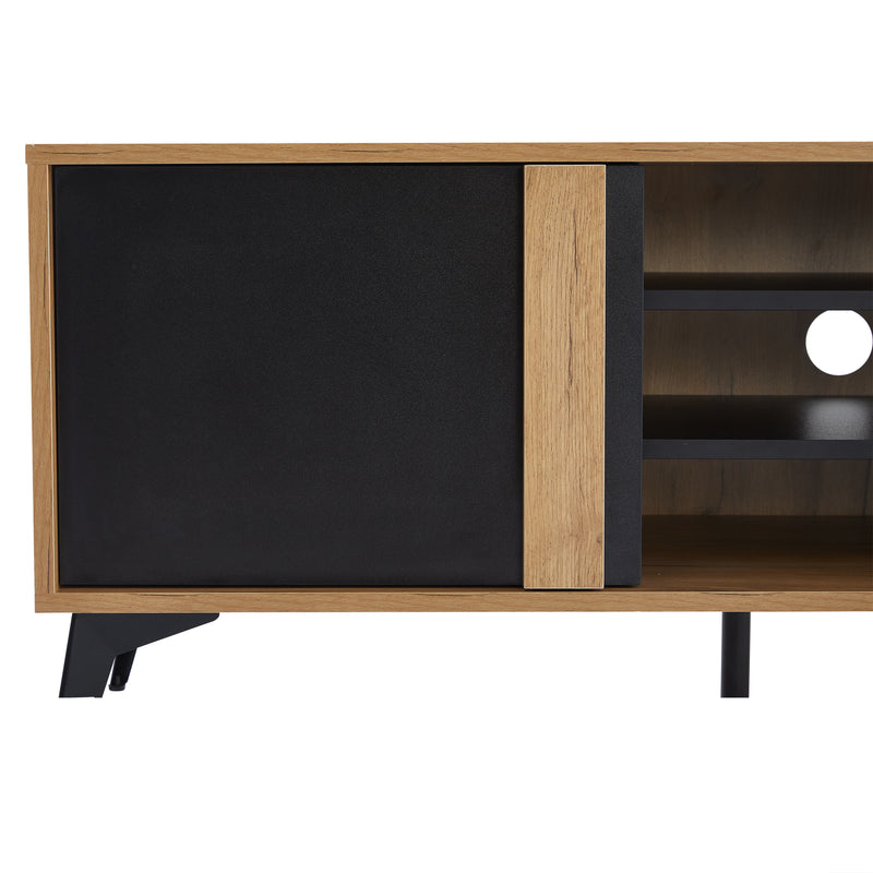 Meuble TV marron rustique effet bois et noir avec porte et compartiment ouvert ICAN