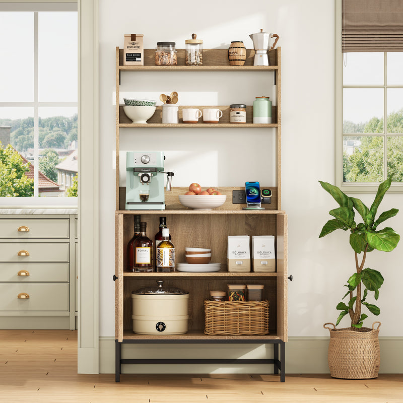 Buffet haute en MDF décor chêne naturel avec portes en rotin, prise USB intégrée PEAKFLOW