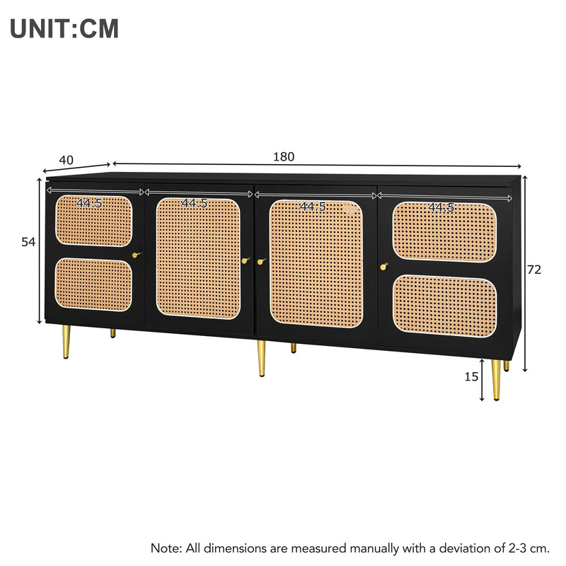 Meuble TV en rotin noir avec 4 portes en rotin, pieds et poignets dorés meubles 180x40x72cm Drezuid