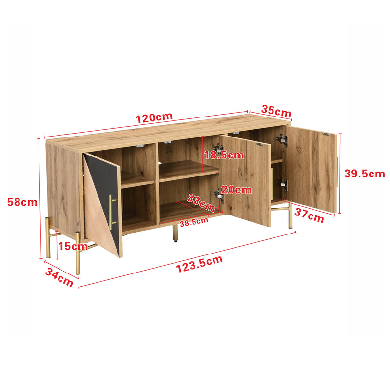 Meuble TV effet bois et noir dessin géométrique poignées et pieds dorés 123,5x35x58cm HILIS