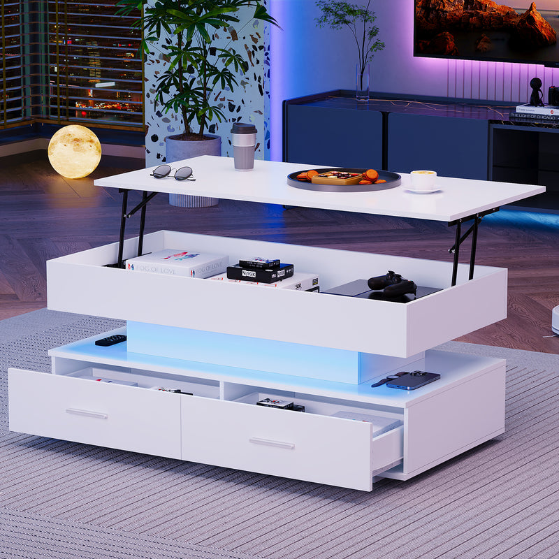 Table basse blanche plateau relevable à hauteur réglable 2 tiroirs et espace de rangement ouvert avec éclairage LED 100*50*44 cm ZAKS WHITE