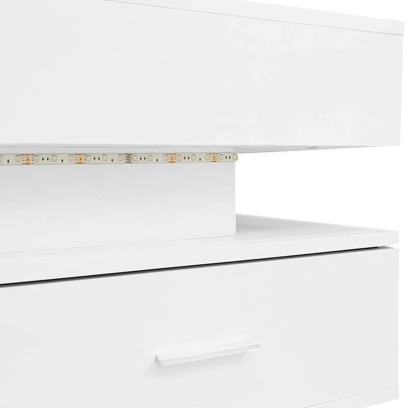 Table basse blanche plateau relevable à hauteur réglable 2 tiroirs et espace de rangement ouvert avec éclairage LED 100*50*44 cm ZAKS WHITE