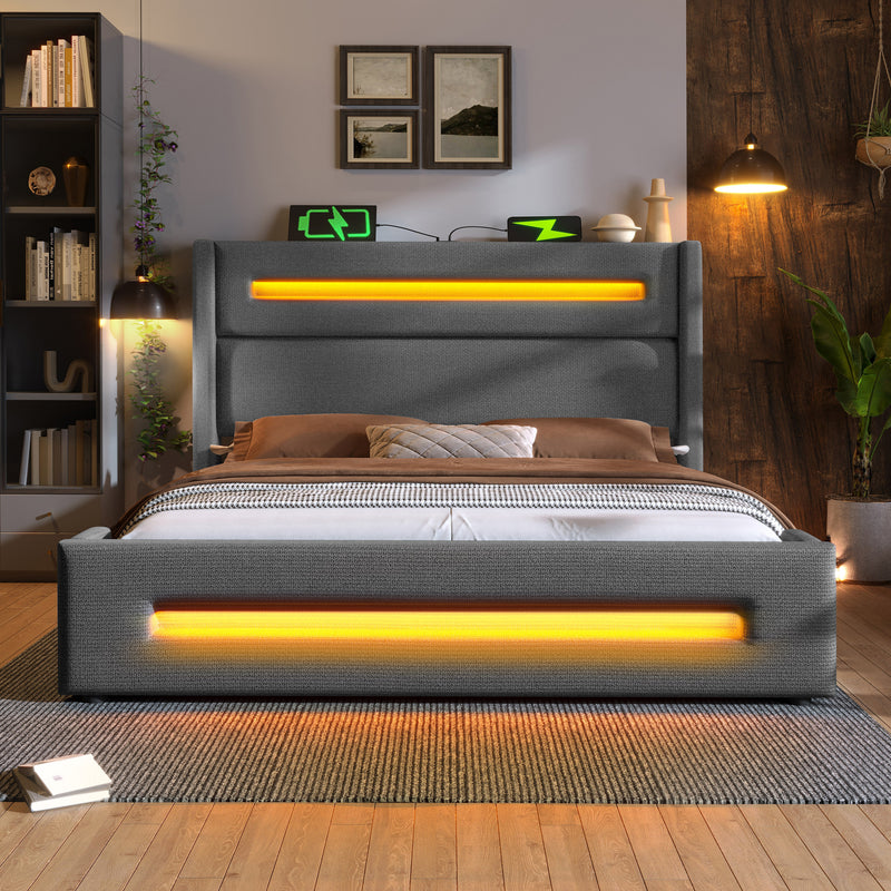 Lit offre queen tissu gris avec éclairage LED et deux prises 160*200cm (matelas non inclus) REDUCE