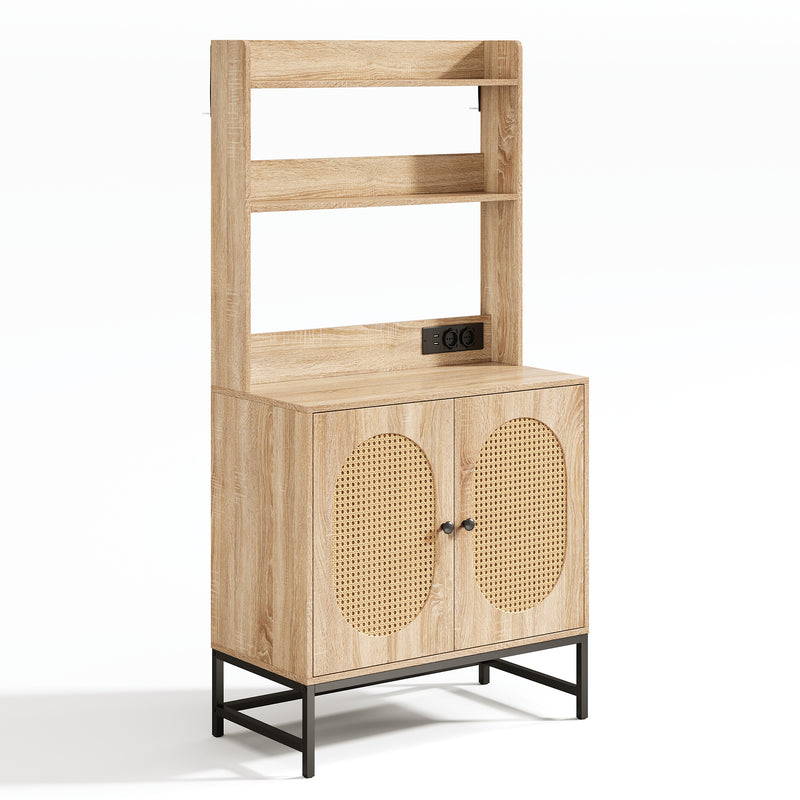 Buffet haute en MDF décor chêne naturel avec portes en rotin, prise USB intégrée PEAKFLOW