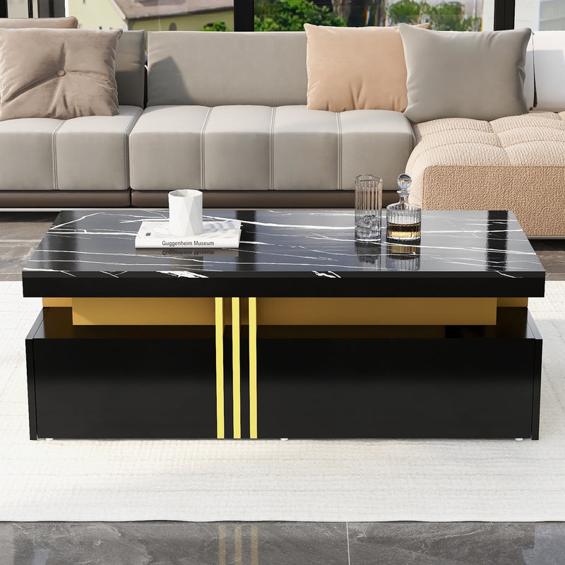 Table basse rectangulaire effet marbre noir brillant avec 2 tiroirs 100*50*40 cm GEVREITS BLACK