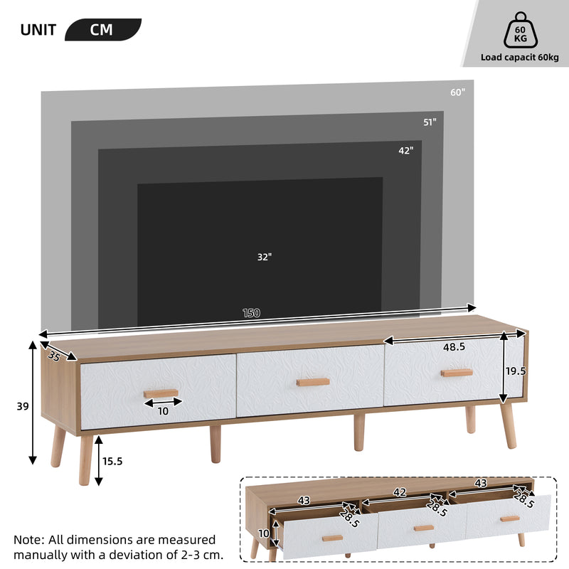 Meuble TV effet bois clair 3 tiroirs et porte blanc avec motif texturé 150x35x39cm ORKUDS