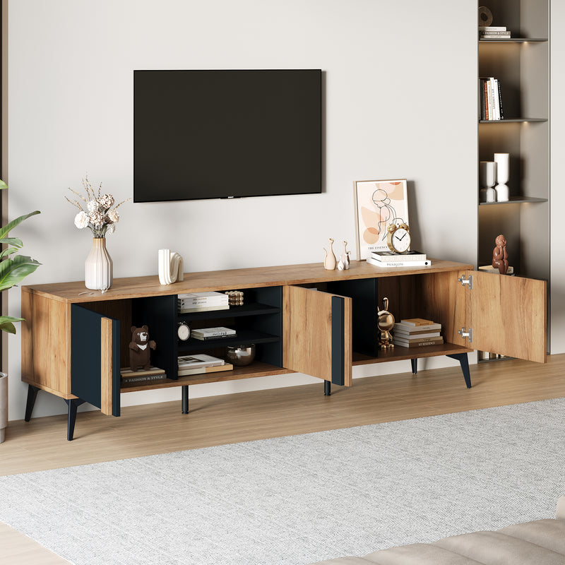 Meuble TV marron rustique effet bois et noir avec porte et compartiment ouvert ICAN