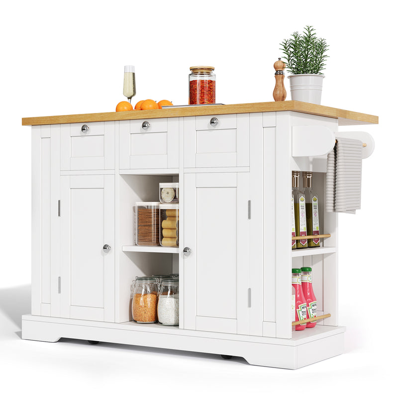 Îlot de cuisine blanc et effet bois avec plateau extensible, rangement et ports USB AMYLOPECT