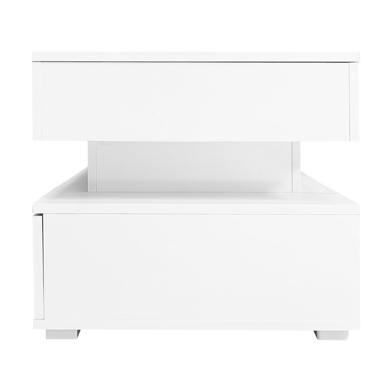 Table basse blanche plateau relevable à hauteur réglable 2 tiroirs et espace de rangement ouvert avec éclairage LED 100*50*44 cm ZAKS WHITE