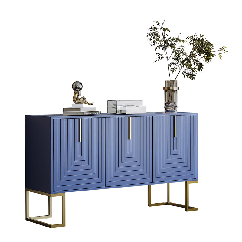 Commode buffet haut avec 3 portes bleu marine motif de forme U H81/B138/T40 CRUUGREN BLUE