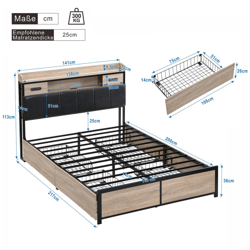 Lit double cadre métallique effet bois chêne avec port USB tête de lit rangement, 4 grands tiroirs sous lit et sommier sans matelas 140*200cm CROKWUN DOUBLE OAK