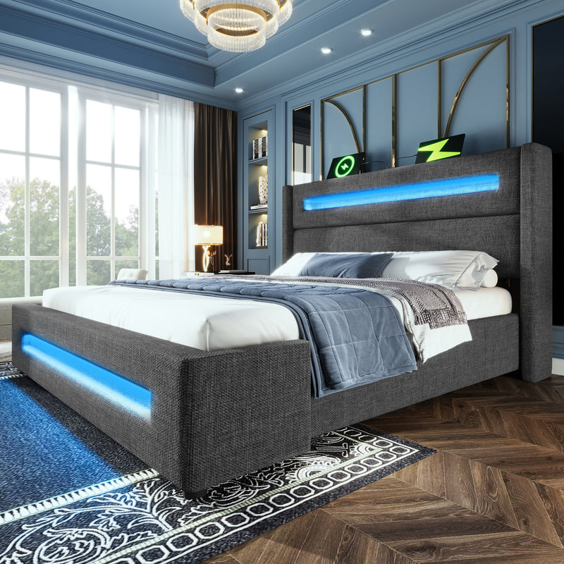 Lit offre queen tissu gris avec éclairage LED et deux prises 160*200cm (matelas non inclus) REDUCE
