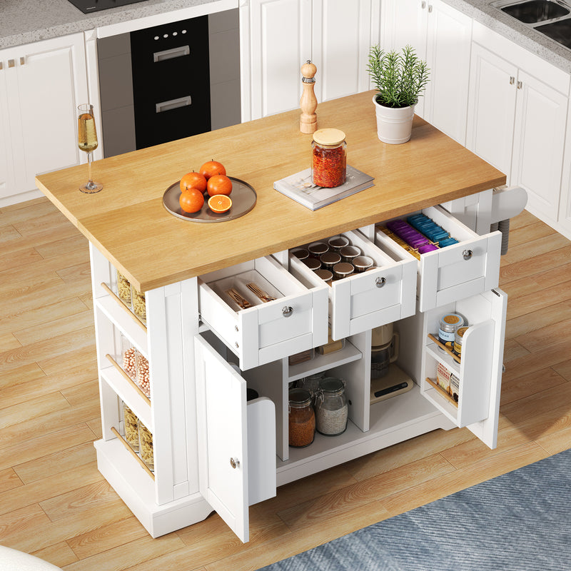 Îlot de cuisine blanc et effet bois avec plateau extensible, rangement et ports USB AMYLOPECT