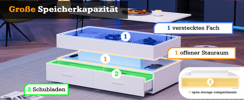 Table basse blanche plateau relevable à hauteur réglable 2 tiroirs et espace de rangement ouvert avec éclairage LED 100*50*44 cm ZAKS WHITE