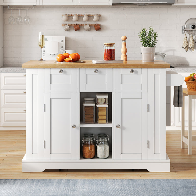 Îlot de cuisine blanc et effet bois avec plateau extensible, rangement et ports USB AMYLOPECT