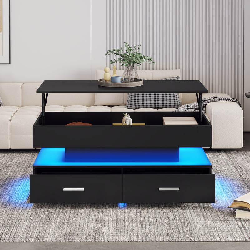 Table basse noir plateau relevable à hauteur réglable 2 tiroirs et espace de rangement ouvert avec éclairage LED 100*50*44 cm ZAKS BLACK