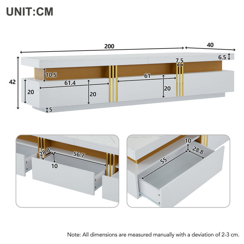 Meuble TV moderne blanc doré effet marbre avec trois tiroirs 200x40x42cm THENZOIR WHITE