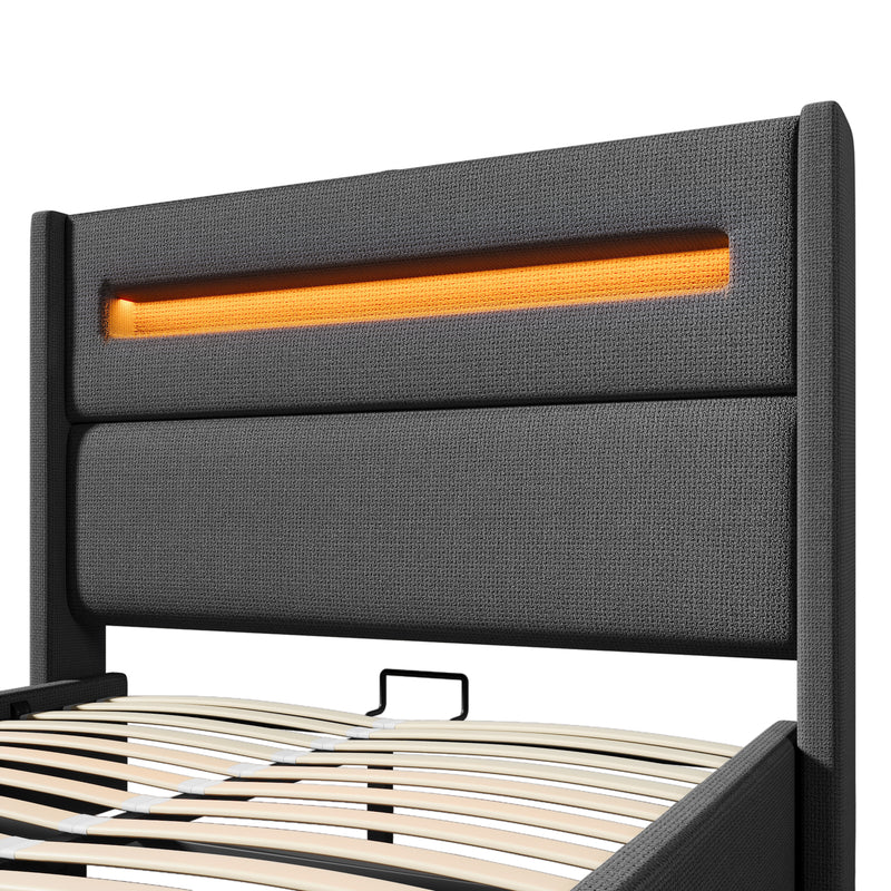 Lit offre queen tissu gris avec éclairage LED et deux prises 160*200cm (matelas non inclus) REDUCE