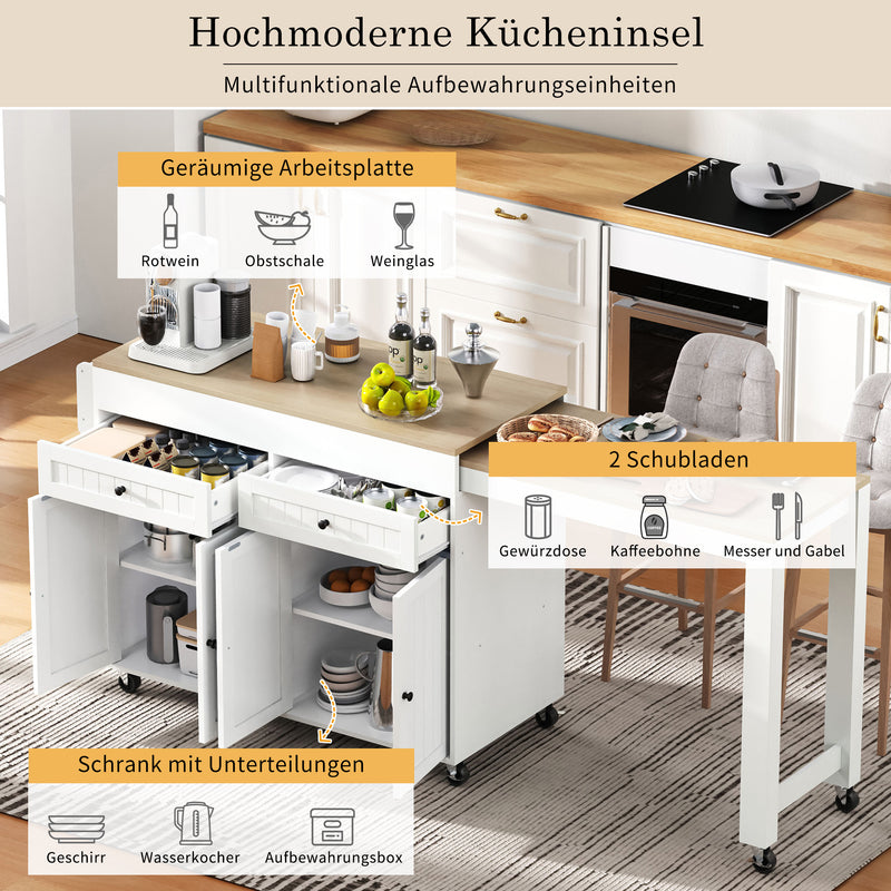 Îlot de cuisine mobile multifonctionnel avec plateau rétractable 2 tiroirs et 4 portes CAPSID