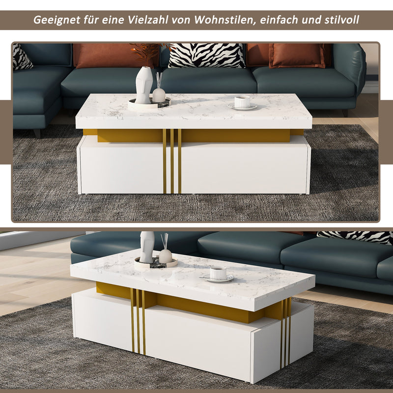 Table basse rectangulaire effet marbre blanche brillante avec 2 tiroirs 100*50*40 cm GEVREITS WHITE