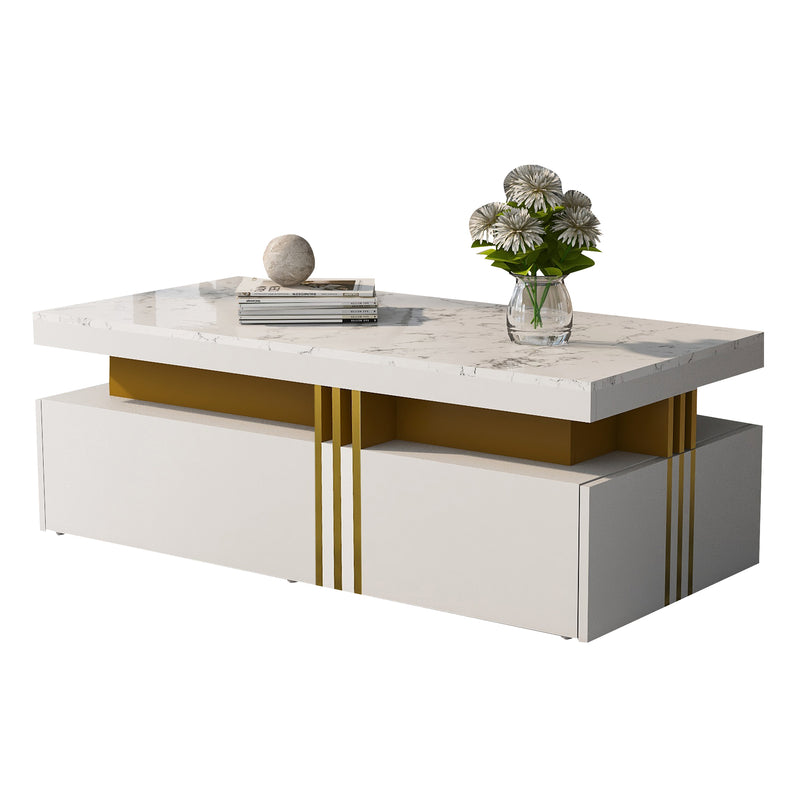 Table basse rectangulaire effet marbre blanche brillante avec 2 tiroirs 100*50*40 cm GEVREITS WHITE