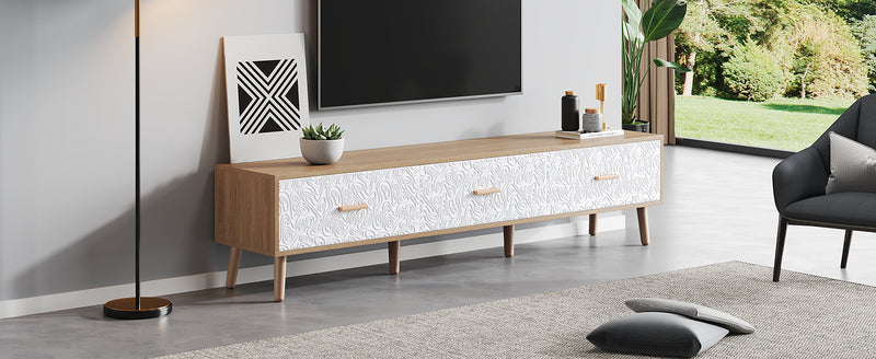 Meuble TV effet bois clair 3 tiroirs et porte blanc avec motif texturé 150x35x39cm ORKUDS