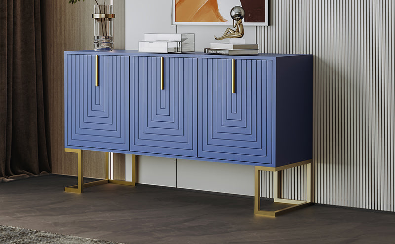 Commode buffet haut avec 3 portes bleu marine motif de forme U H81/B138/T40 CRUUGREN BLUE