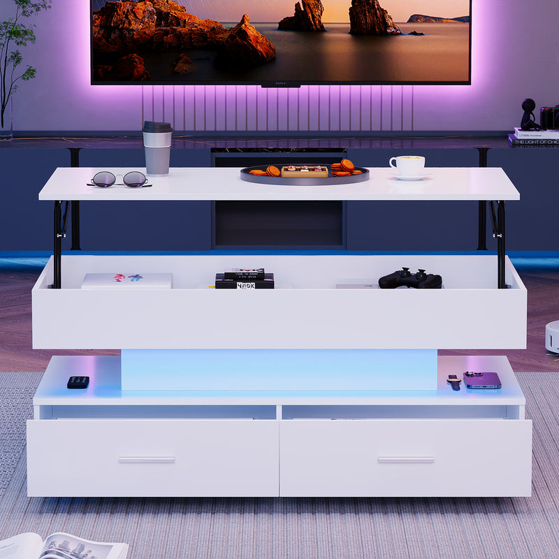 Table basse blanche plateau relevable à hauteur réglable 2 tiroirs et espace de rangement ouvert avec éclairage LED 100*50*44 cm ZAKS WHITE