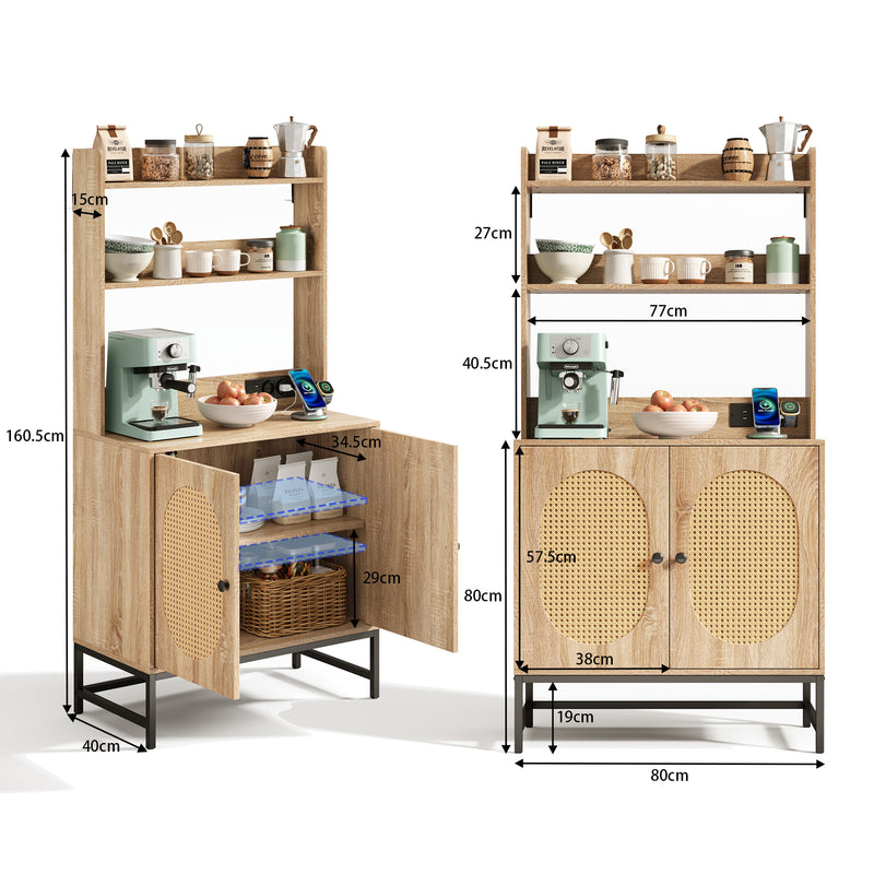 Buffet haute en MDF décor chêne naturel avec portes en rotin, prise USB intégrée PEAKFLOW