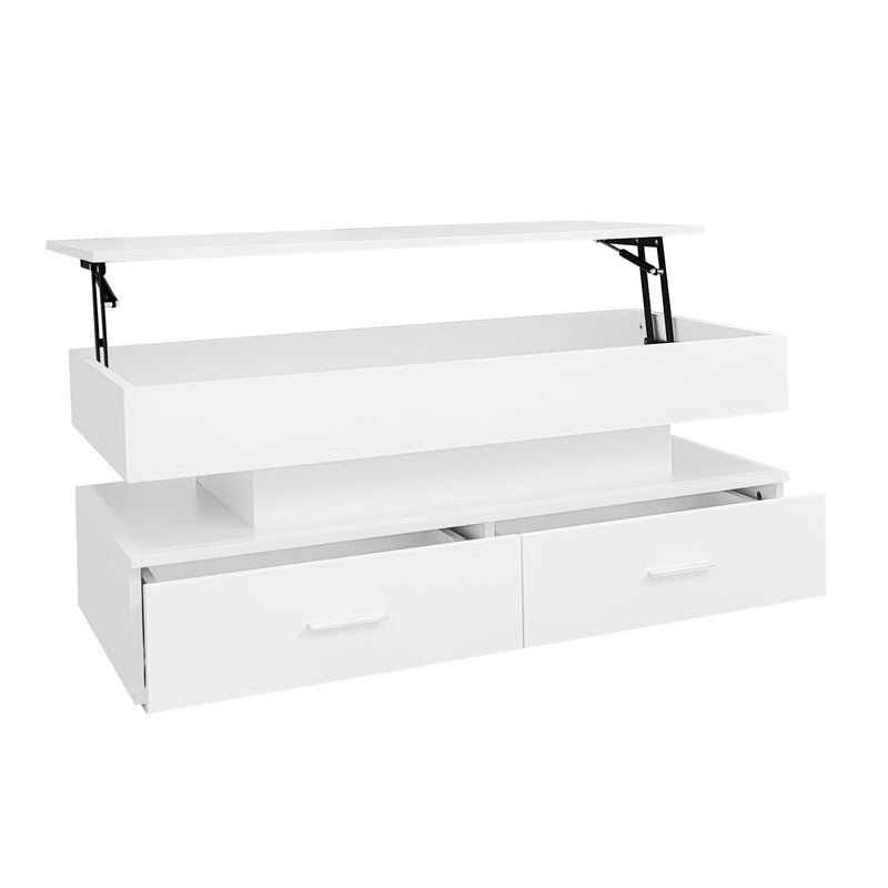 Table basse blanche plateau relevable à hauteur réglable 2 tiroirs et espace de rangement ouvert avec éclairage LED 100*50*44 cm ZAKS WHITE