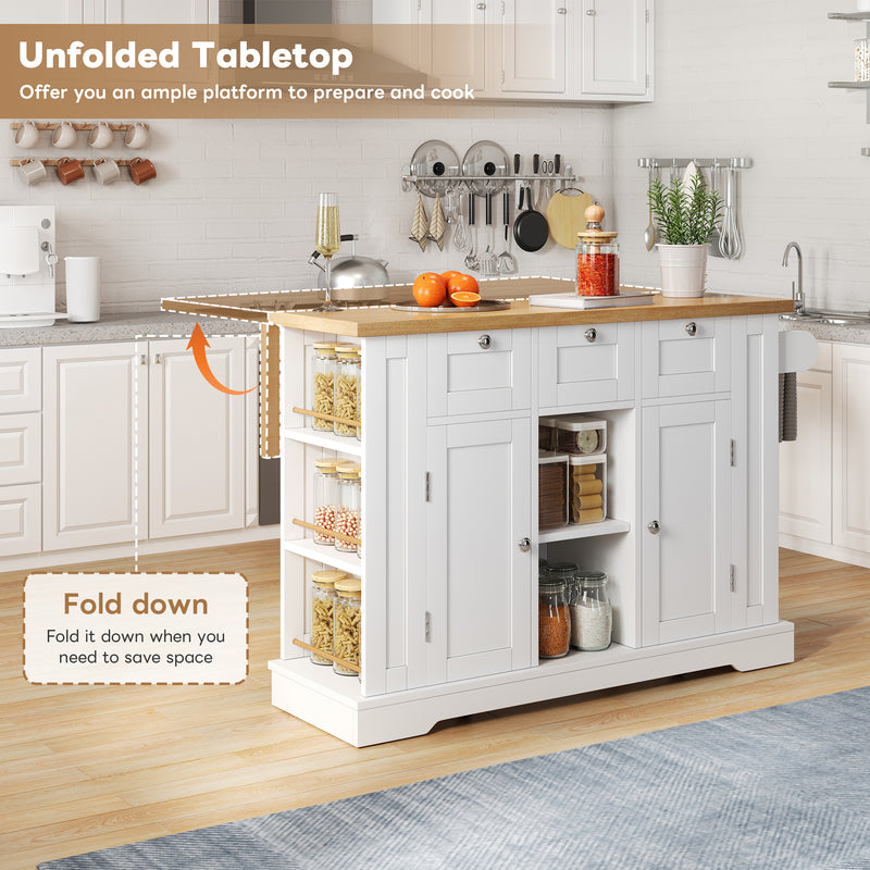 Îlot de cuisine blanc et effet bois avec plateau extensible, rangement et ports USB AMYLOPECT