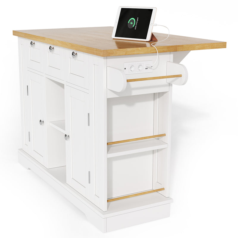 Îlot de cuisine blanc et effet bois avec plateau extensible, rangement et ports USB AMYLOPECT