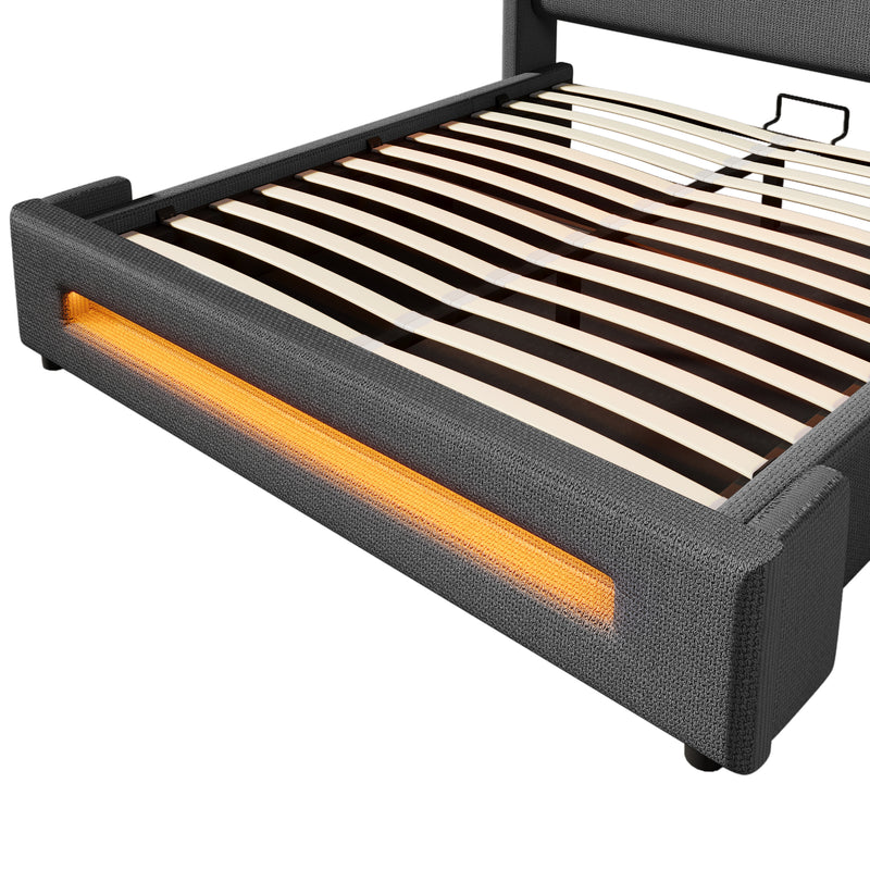 Lit offre queen tissu gris avec éclairage LED et deux prises 160*200cm (matelas non inclus) REDUCE