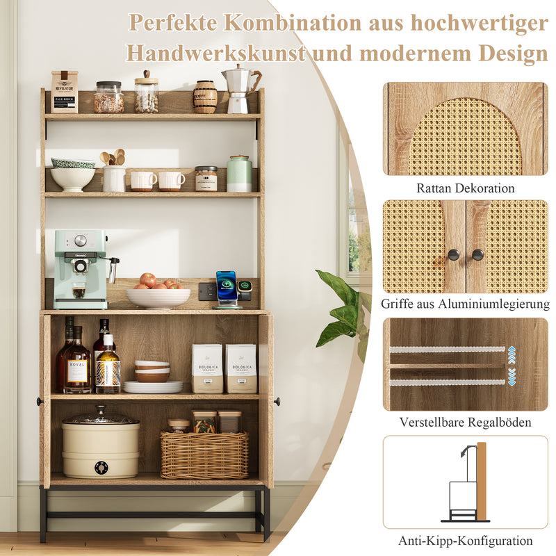 Buffet haute en MDF décor chêne naturel avec portes en rotin, prise USB intégrée PEAKFLOW