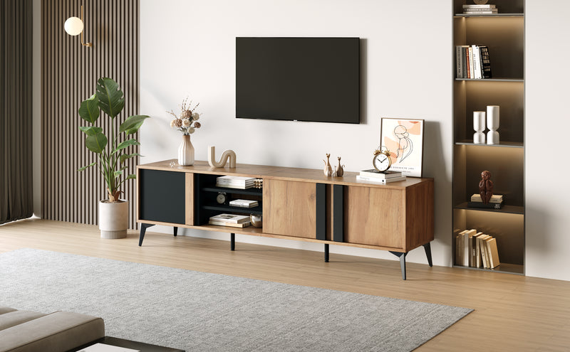 Meuble TV marron rustique effet bois et noir avec porte et compartiment ouvert ICAN