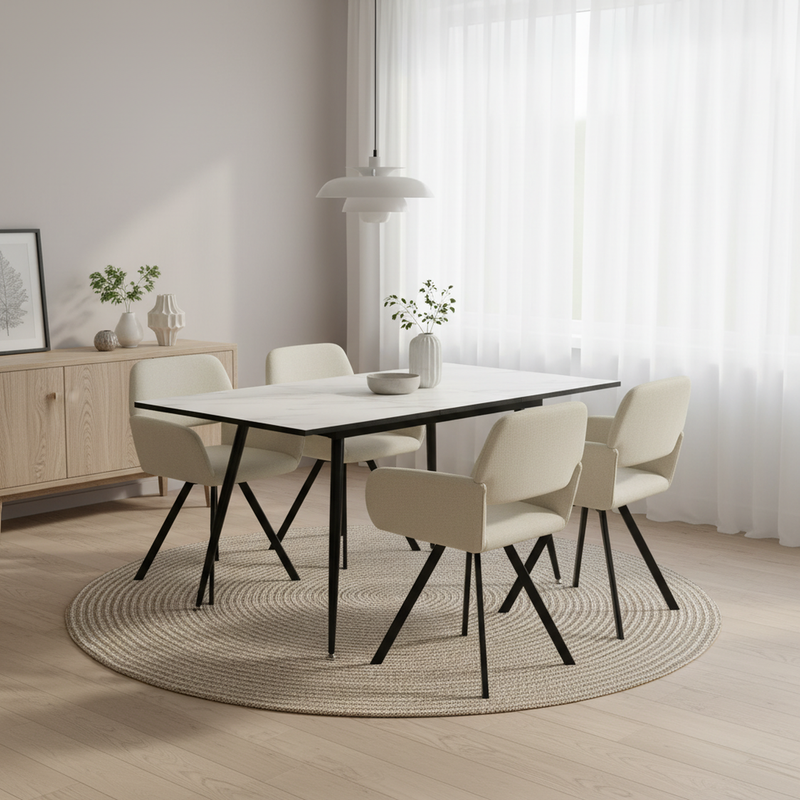 Ensemble table extensible effet marbre blanche 120-160 et 4 chaises pivotantes tissu beige WHALEN WHITE MARBLE STRETCH TABLE BLACK LEG+CALIFORNIA KD BEIGE SWIVEL*2