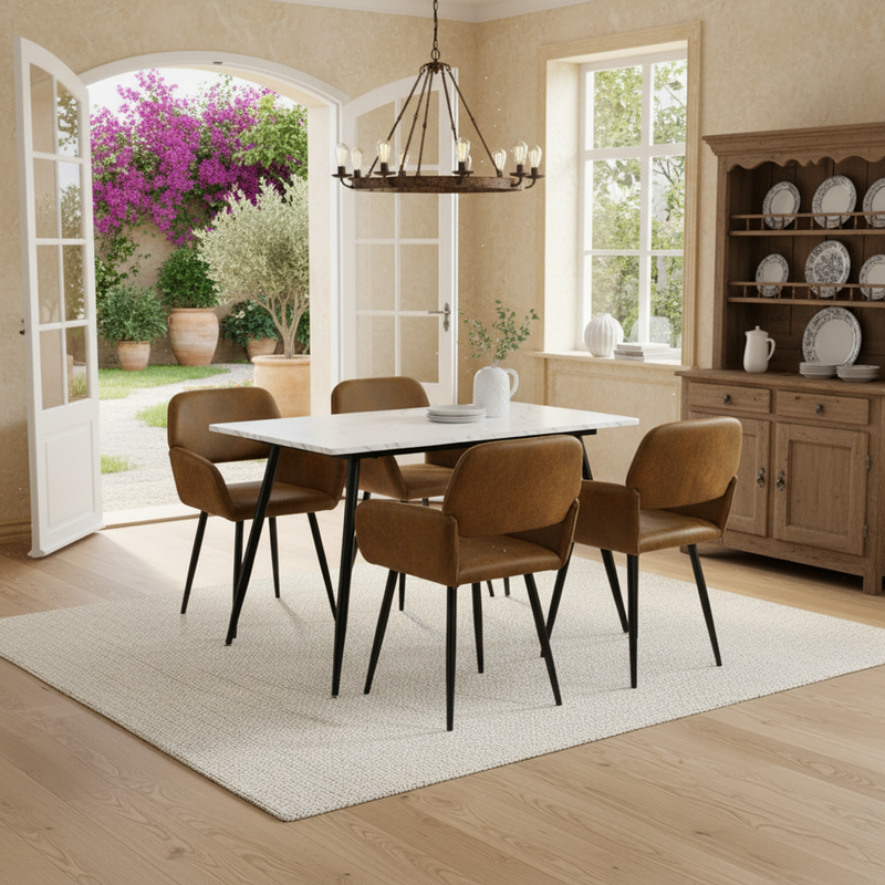 Ensemble table extensible effet marbre blanche 120-160 et 4 chaises rétro suède marron WHALEN WHITE MARBLE STRETCH TABLE BLACK LEG + MAYFAIR SUEDE BROWN*2