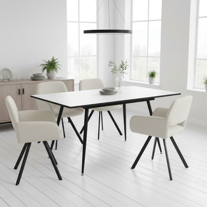 Ensemble table extensible effet marbre blanche 120-160 et 4 chaises pivotantes tissu beige WHALEN WHITE MARBLE STRETCH TABLE BLACK LEG+CALIFORNIA KD BEIGE SWIVEL*2
