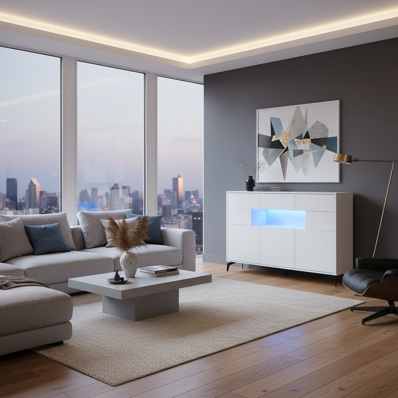 Buffet blanc brillant niche au centre avec éclairage LED intelligent 3 tiroirs 5 portes SEPTAL