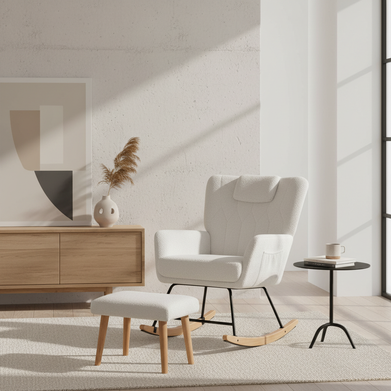 Fauteuil à bascule en tissu teddy blanc avec coussin de nuque et repose-pieds inclus MASTIC