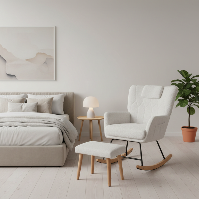 Fauteuil à bascule en tissu teddy blanc avec coussin de nuque et repose-pieds inclus MASTIC