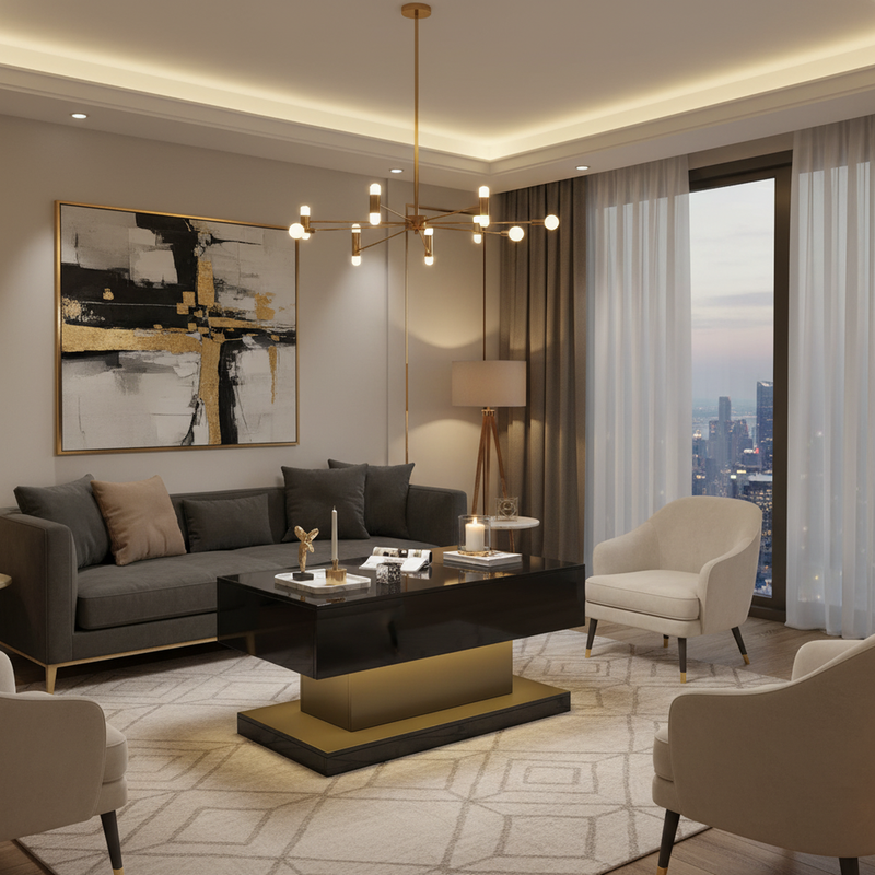 Table basse relevable laqué noire avec éclairage LED 100x50 cm SECRETION