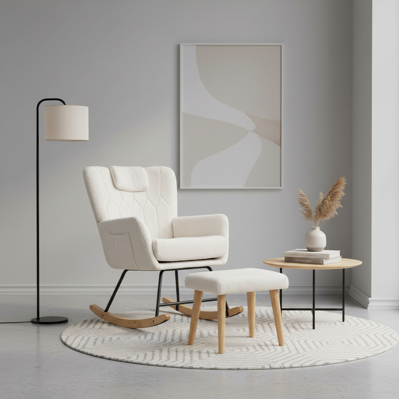 Fauteuil à bascule en tissu teddy blanc avec coussin de nuque et repose-pieds inclus MASTIC