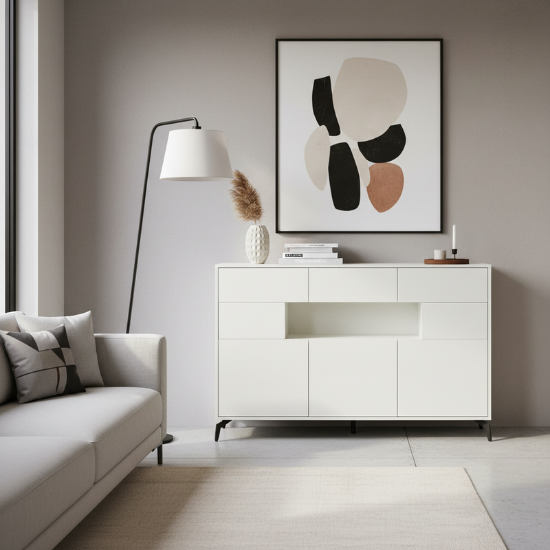 Buffet blanc brillant niche au centre avec éclairage LED intelligent 3 tiroirs 5 portes SEPTAL